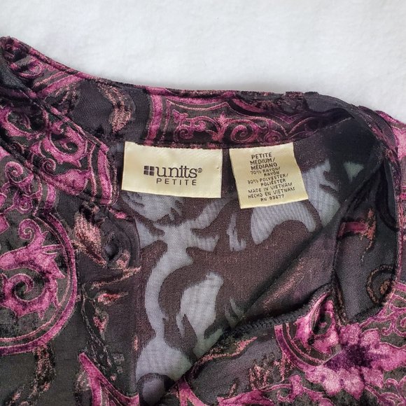 Vintage Women Size Med Petite Purple Velvet Floral Semi Sheer Long Sleeve Blouse - Picture 7 of 13